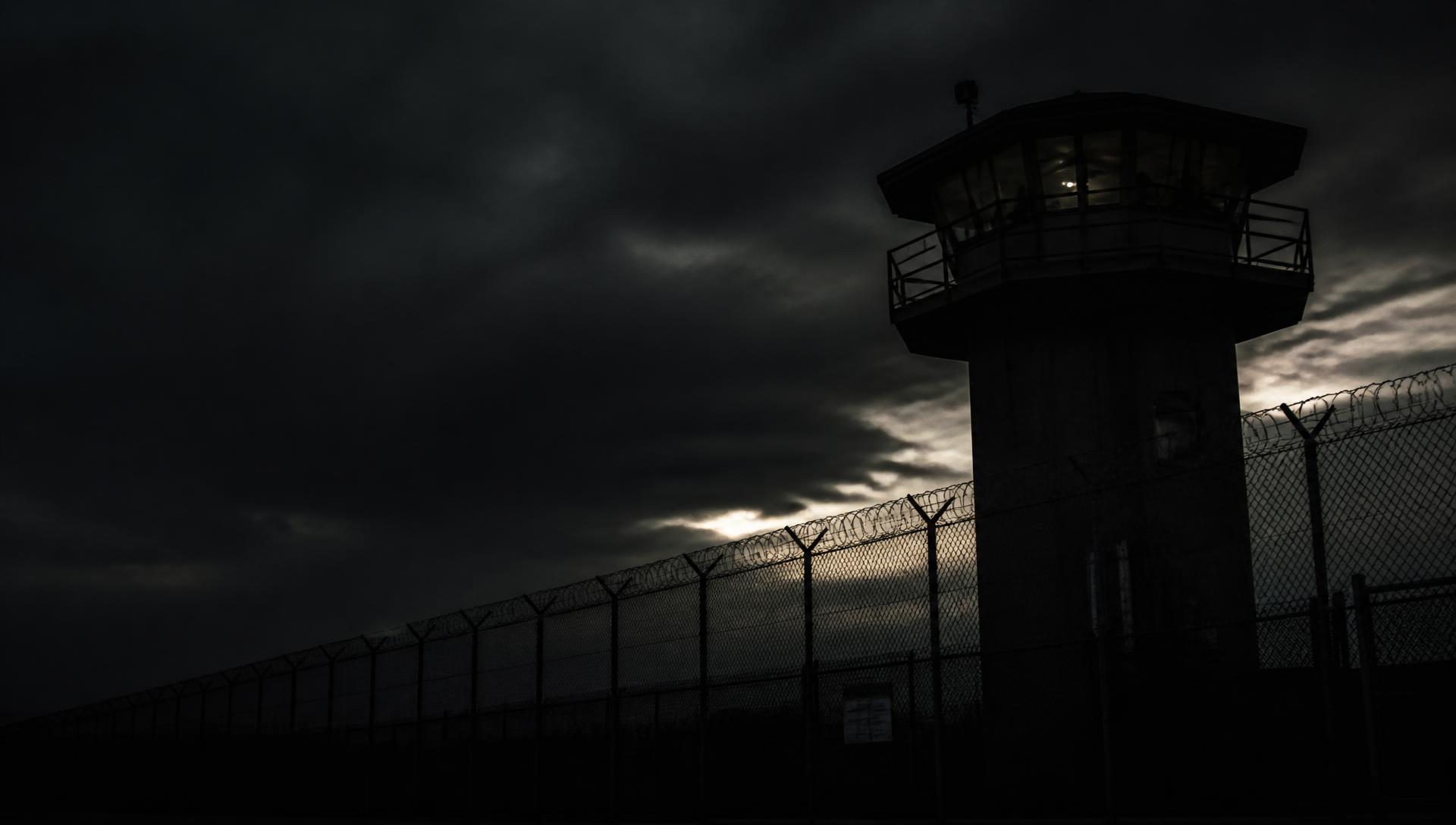 Prison watchtower at dusk behind a perimeter fence